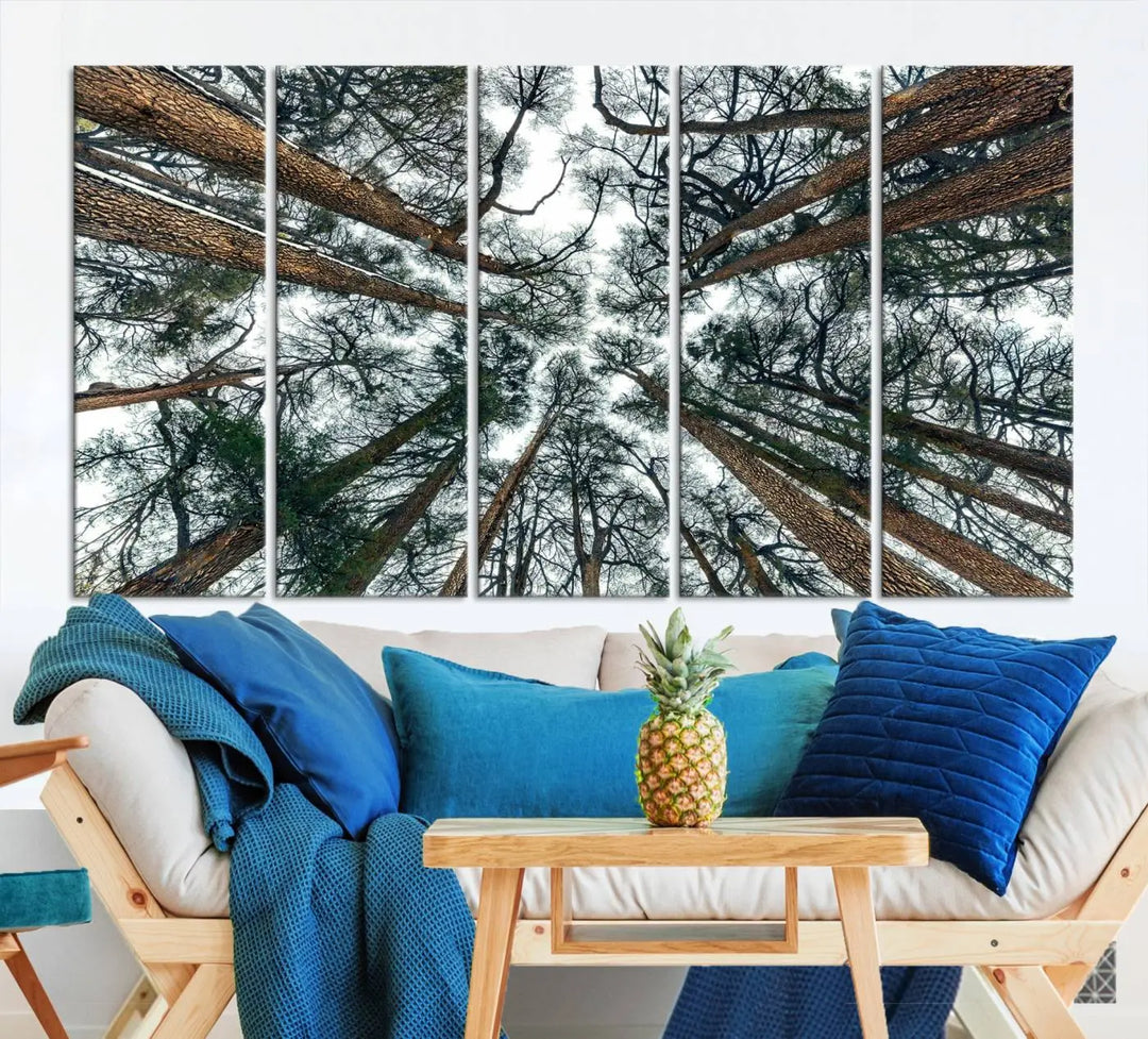 The living room is graced by the Forest Trees Wall Art Canvas Print, a nature-themed triptych made from museum-quality canvases with a UV-protective coating to preserve its vibrant colors, ready to hang.