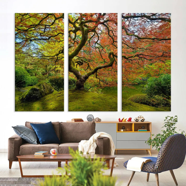 The Forest Wall Art Canvas Print, titled "Wall Art Four Season," is a stunning triptych showcasing colorful trees with red and yellow leaves. This museum-quality polycotton piece features a UV-protective coating to preserve its vibrant colors over time and is ready to hang.