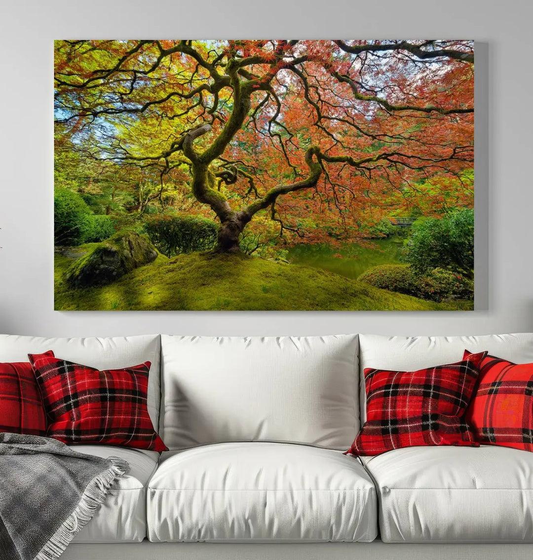 The Forest Wall Art Canvas Print, titled "Wall Art Four Season," is a stunning triptych showcasing colorful trees with red and yellow leaves. This museum-quality polycotton piece features a UV-protective coating to preserve its vibrant colors over time and is ready to hang.