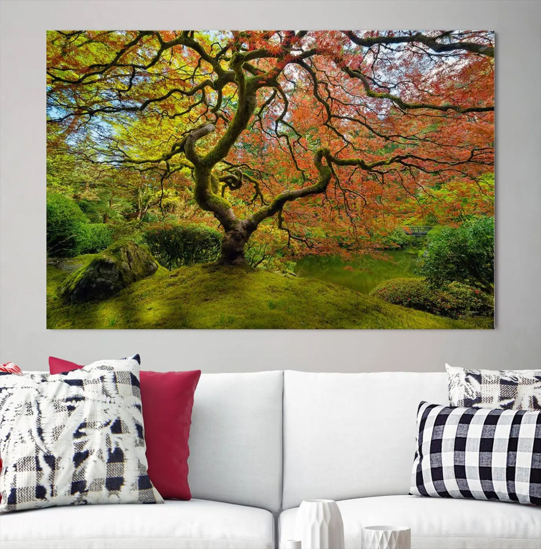 The Forest Wall Art Canvas Print, titled "Wall Art Four Season," is a stunning triptych showcasing colorful trees with red and yellow leaves. This museum-quality polycotton piece features a UV-protective coating to preserve its vibrant colors over time and is ready to hang.