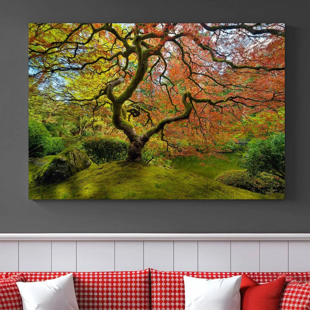 The Forest Wall Art Canvas Print, titled "Wall Art Four Season," is a stunning triptych showcasing colorful trees with red and yellow leaves. This museum-quality polycotton piece features a UV-protective coating to preserve its vibrant colors over time and is ready to hang.