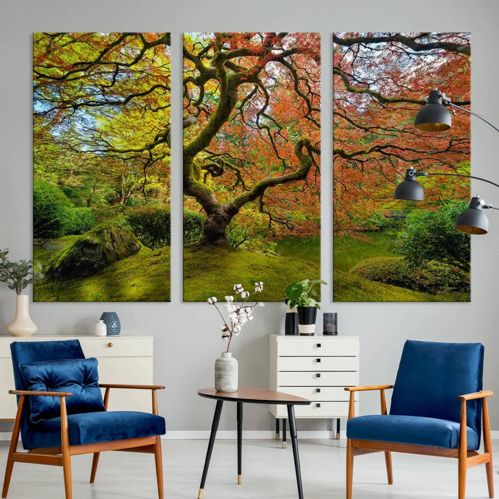 The Forest Wall Art Canvas Print, titled "Wall Art Four Season," is a stunning triptych showcasing colorful trees with red and yellow leaves. This museum-quality polycotton piece features a UV-protective coating to preserve its vibrant colors over time and is ready to hang.