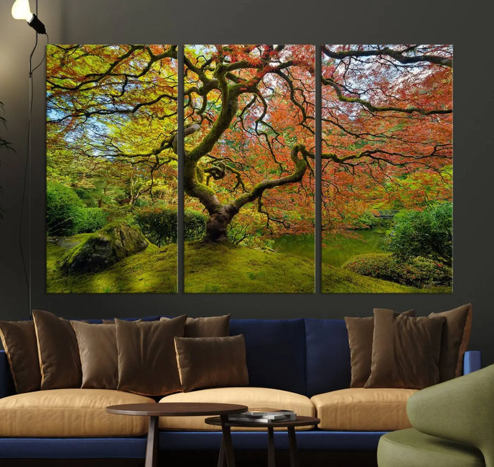 The Forest Wall Art Canvas Print, titled "Wall Art Four Season," is a stunning triptych showcasing colorful trees with red and yellow leaves. This museum-quality polycotton piece features a UV-protective coating to preserve its vibrant colors over time and is ready to hang.