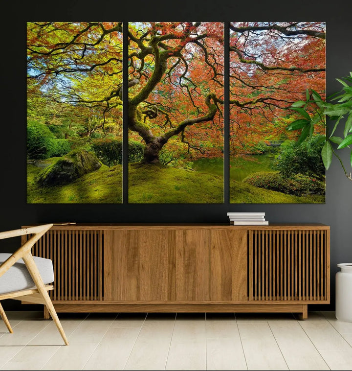 The Forest Wall Art Canvas Print, titled "Wall Art Four Season," is a stunning triptych showcasing colorful trees with red and yellow leaves. This museum-quality polycotton piece features a UV-protective coating to preserve its vibrant colors over time and is ready to hang.