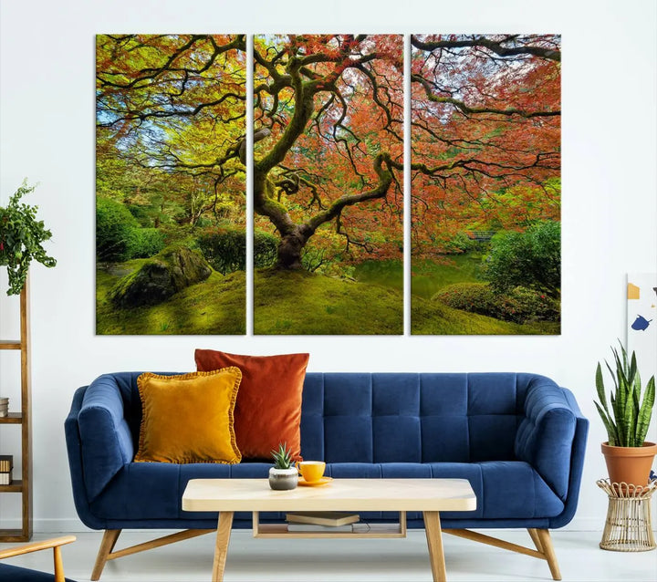 The Forest Wall Art Canvas Print, titled "Wall Art Four Season," is a stunning triptych showcasing colorful trees with red and yellow leaves. This museum-quality polycotton piece features a UV-protective coating to preserve its vibrant colors over time and is ready to hang.