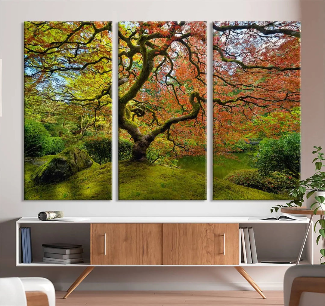 The Forest Wall Art Canvas Print, titled "Wall Art Four Season," is a stunning triptych showcasing colorful trees with red and yellow leaves. This museum-quality polycotton piece features a UV-protective coating to preserve its vibrant colors over time and is ready to hang.