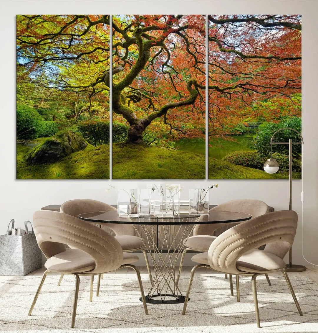 The Forest Wall Art Canvas Print, titled "Wall Art Four Season," is a stunning triptych showcasing colorful trees with red and yellow leaves. This museum-quality polycotton piece features a UV-protective coating to preserve its vibrant colors over time and is ready to hang.