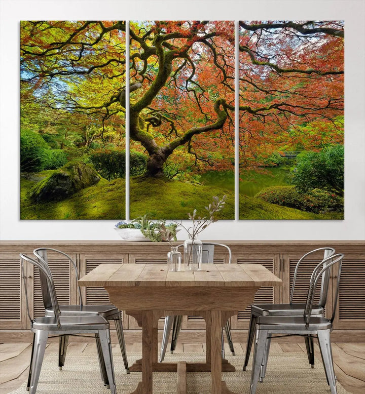 The Forest Wall Art Canvas Print, titled "Wall Art Four Season," is a stunning triptych showcasing colorful trees with red and yellow leaves. This museum-quality polycotton piece features a UV-protective coating to preserve its vibrant colors over time and is ready to hang.