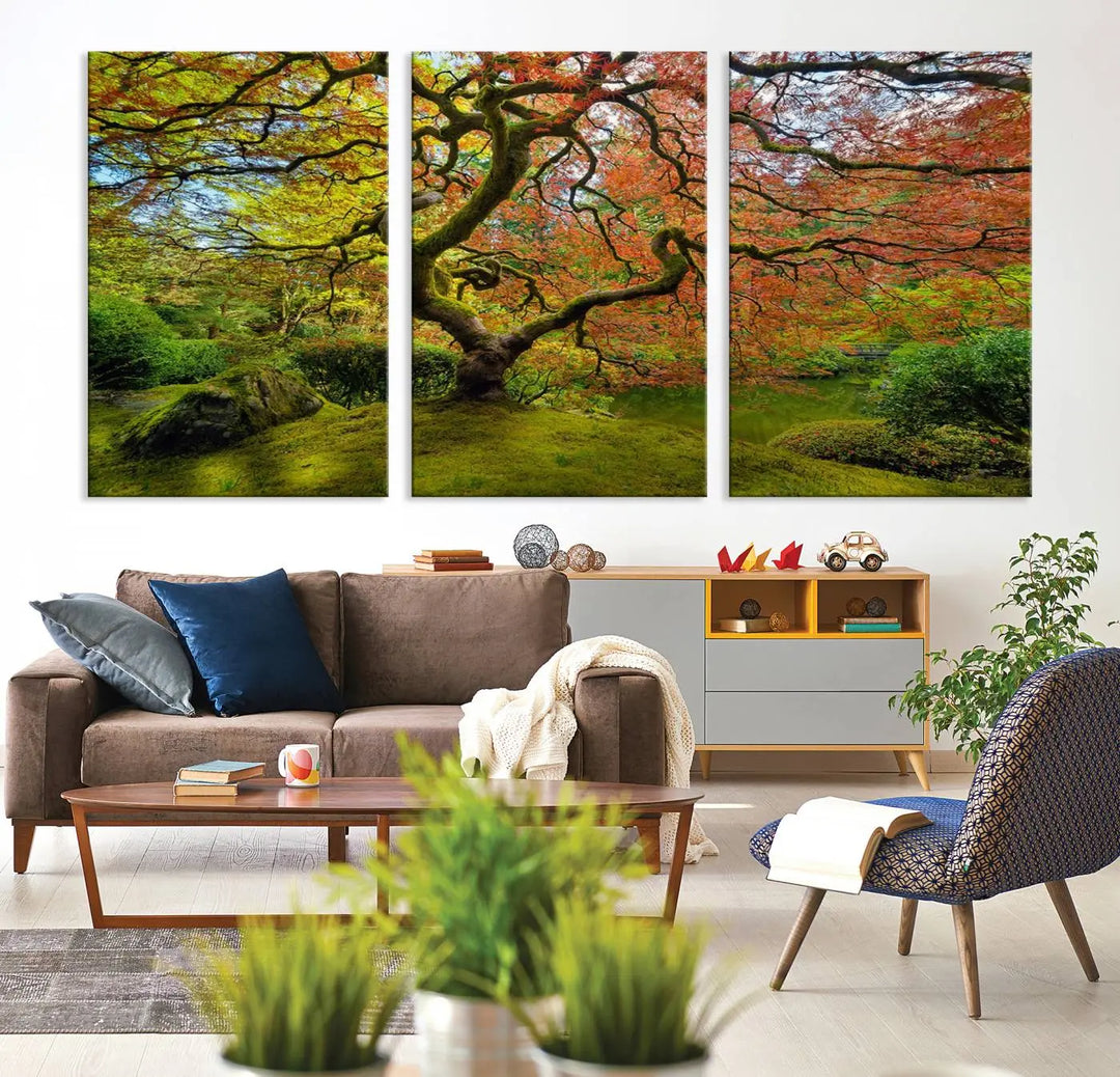 The Forest Wall Art Canvas Print, titled "Wall Art Four Season," is a stunning triptych showcasing colorful trees with red and yellow leaves. This museum-quality polycotton piece features a UV-protective coating to preserve its vibrant colors over time and is ready to hang.