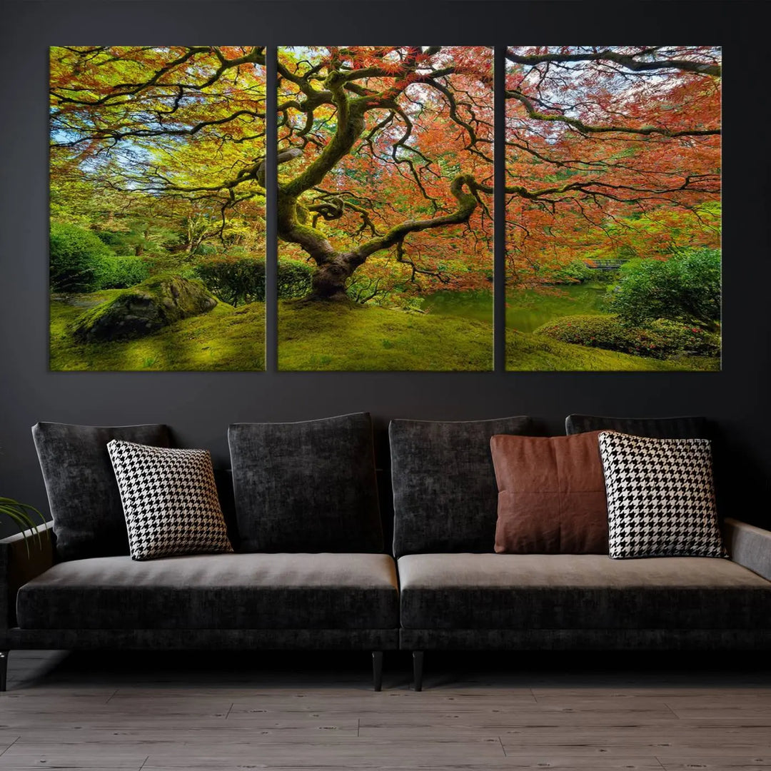 The Forest Wall Art Canvas Print, titled "Wall Art Four Season," is a stunning triptych showcasing colorful trees with red and yellow leaves. This museum-quality polycotton piece features a UV-protective coating to preserve its vibrant colors over time and is ready to hang.