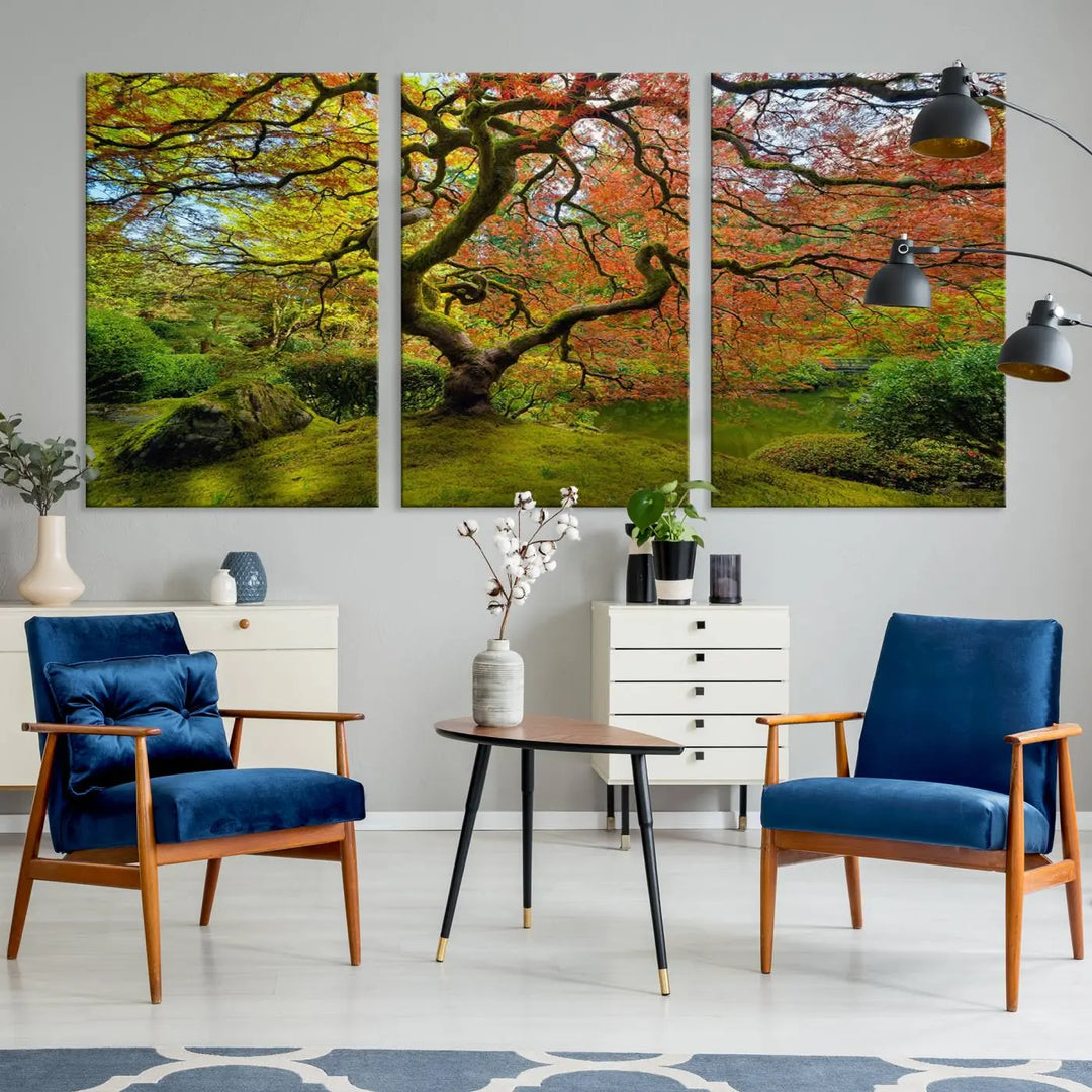 The Forest Wall Art Canvas Print, titled "Wall Art Four Season," is a stunning triptych showcasing colorful trees with red and yellow leaves. This museum-quality polycotton piece features a UV-protective coating to preserve its vibrant colors over time and is ready to hang.