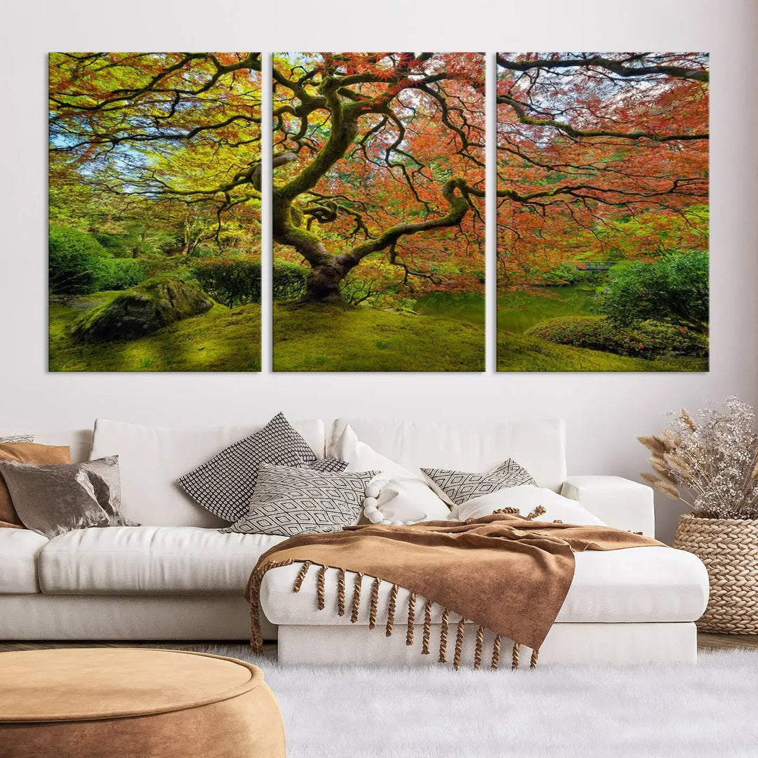 The Forest Wall Art Canvas Print, titled "Wall Art Four Season," is a stunning triptych showcasing colorful trees with red and yellow leaves. This museum-quality polycotton piece features a UV-protective coating to preserve its vibrant colors over time and is ready to hang.