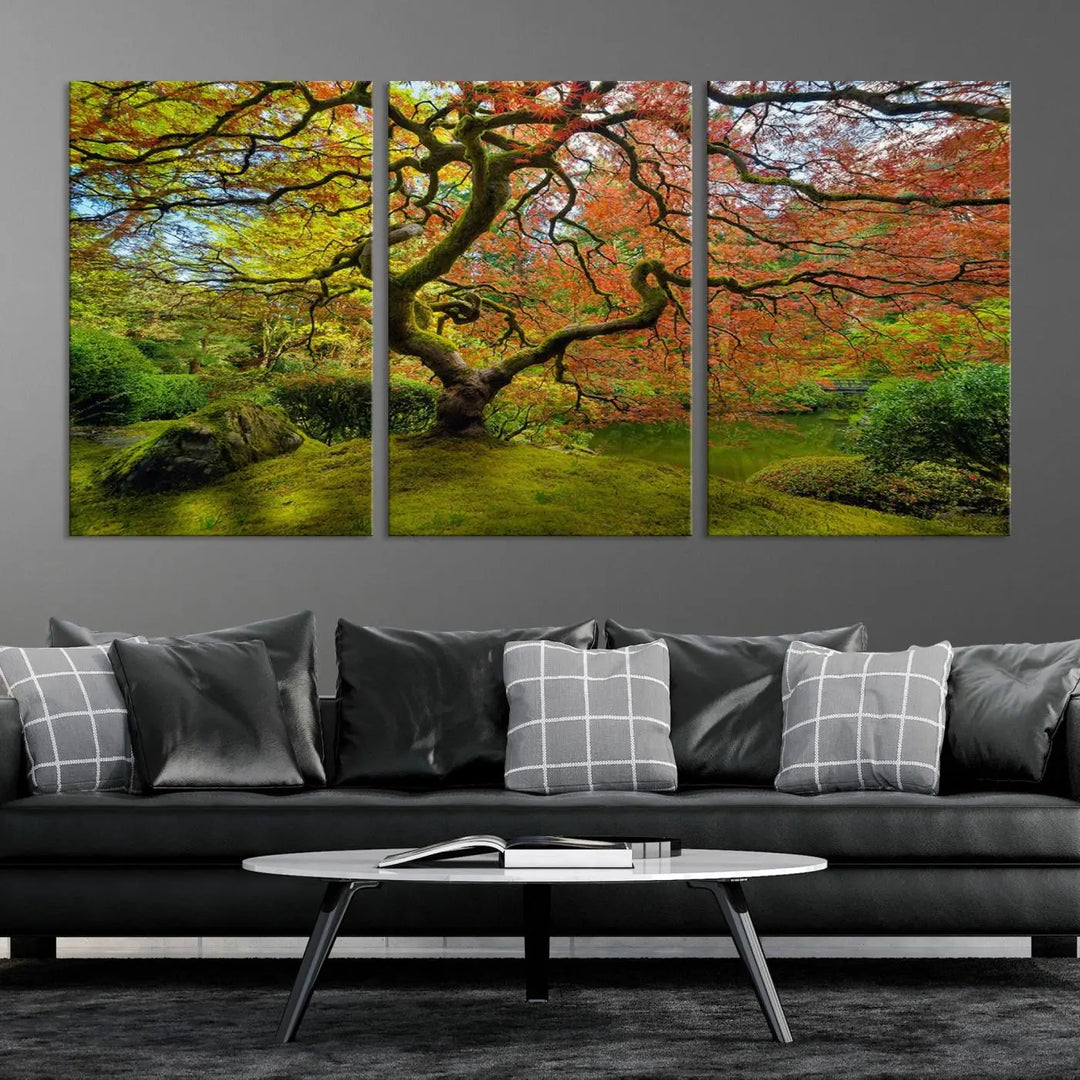 The Forest Wall Art Canvas Print, titled "Wall Art Four Season," is a stunning triptych showcasing colorful trees with red and yellow leaves. This museum-quality polycotton piece features a UV-protective coating to preserve its vibrant colors over time and is ready to hang.