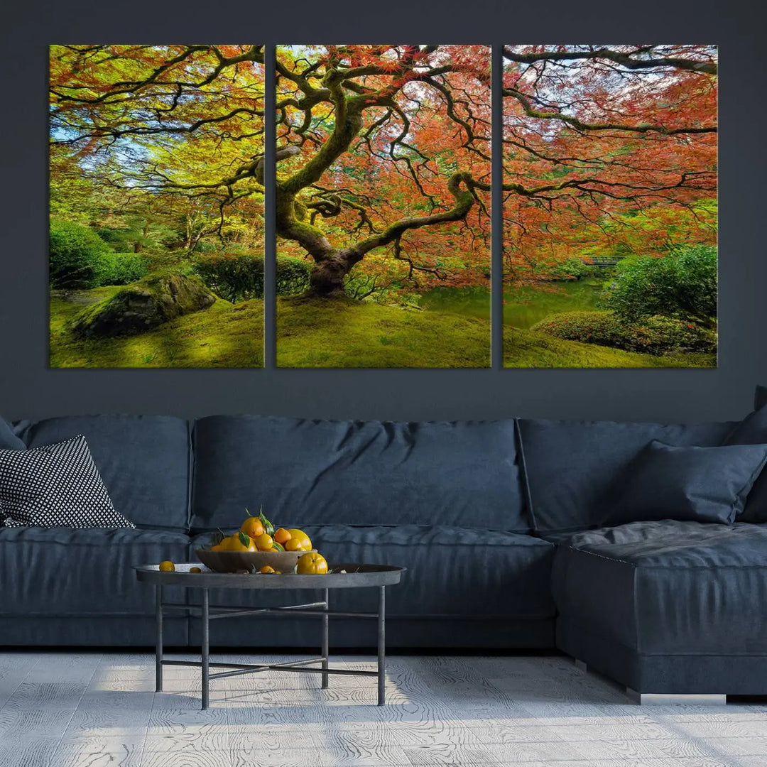 The Forest Wall Art Canvas Print, titled "Wall Art Four Season," is a stunning triptych showcasing colorful trees with red and yellow leaves. This museum-quality polycotton piece features a UV-protective coating to preserve its vibrant colors over time and is ready to hang.