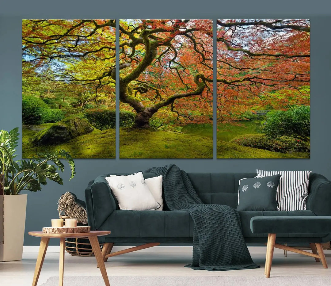 The Forest Wall Art Canvas Print, titled "Wall Art Four Season," is a stunning triptych showcasing colorful trees with red and yellow leaves. This museum-quality polycotton piece features a UV-protective coating to preserve its vibrant colors over time and is ready to hang.