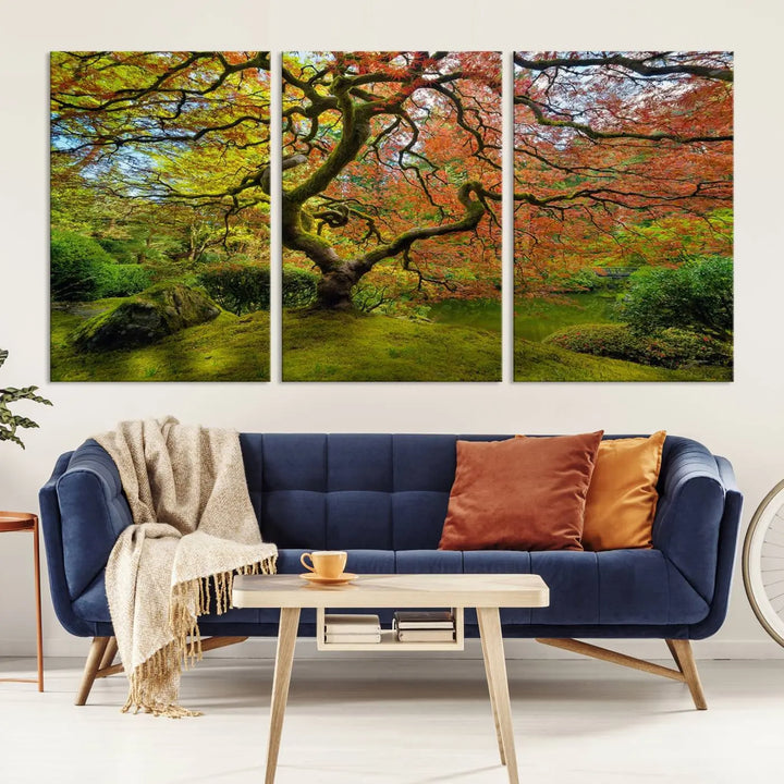 The Forest Wall Art Canvas Print, titled "Wall Art Four Season," is a stunning triptych showcasing colorful trees with red and yellow leaves. This museum-quality polycotton piece features a UV-protective coating to preserve its vibrant colors over time and is ready to hang.