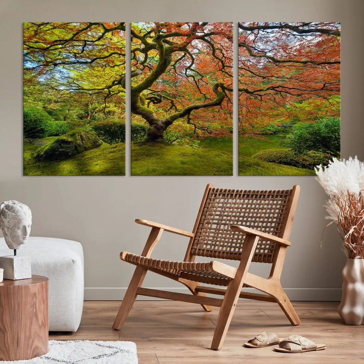 The Forest Wall Art Canvas Print, titled "Wall Art Four Season," is a stunning triptych showcasing colorful trees with red and yellow leaves. This museum-quality polycotton piece features a UV-protective coating to preserve its vibrant colors over time and is ready to hang.