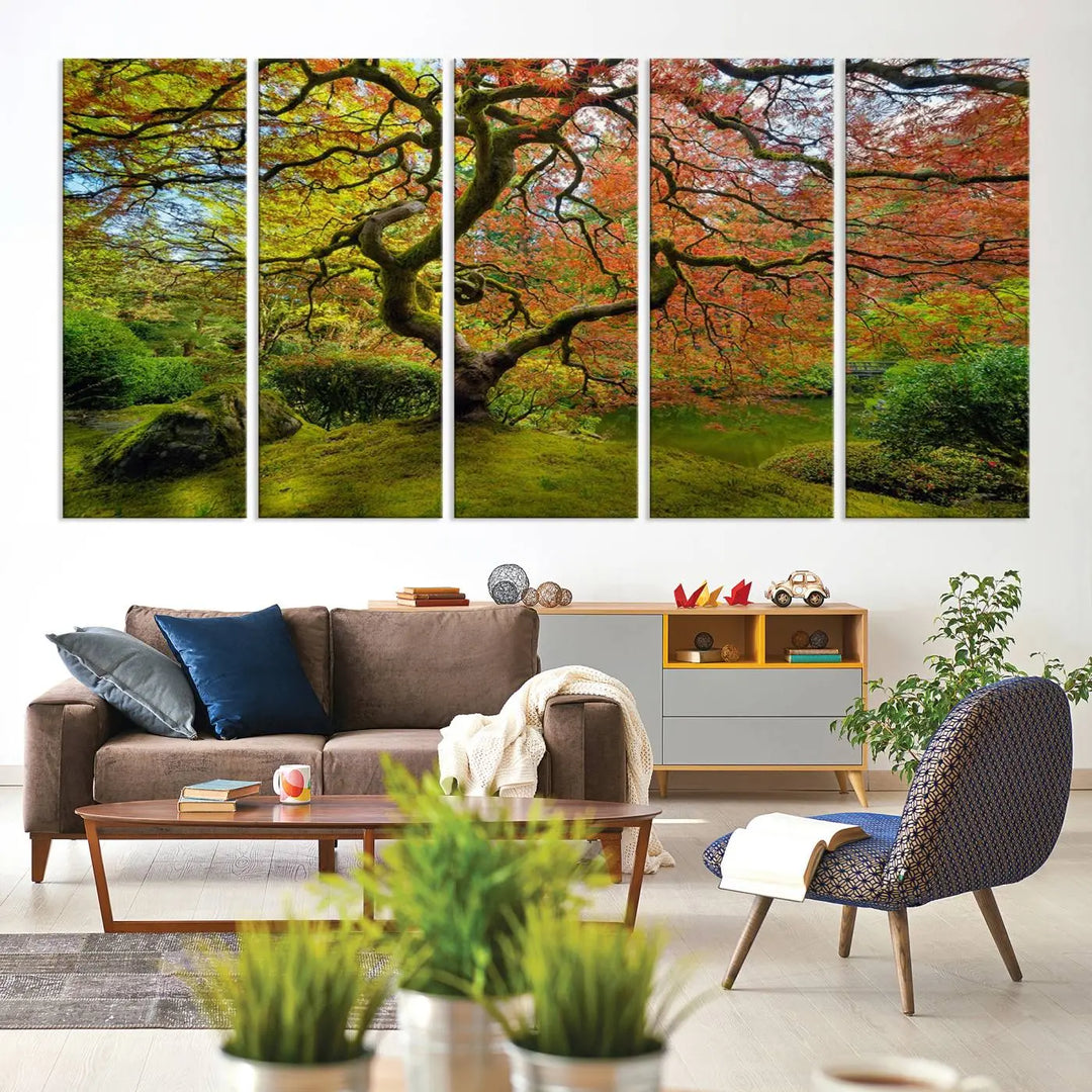 The Forest Wall Art Canvas Print, titled "Wall Art Four Season," is a stunning triptych showcasing colorful trees with red and yellow leaves. This museum-quality polycotton piece features a UV-protective coating to preserve its vibrant colors over time and is ready to hang.