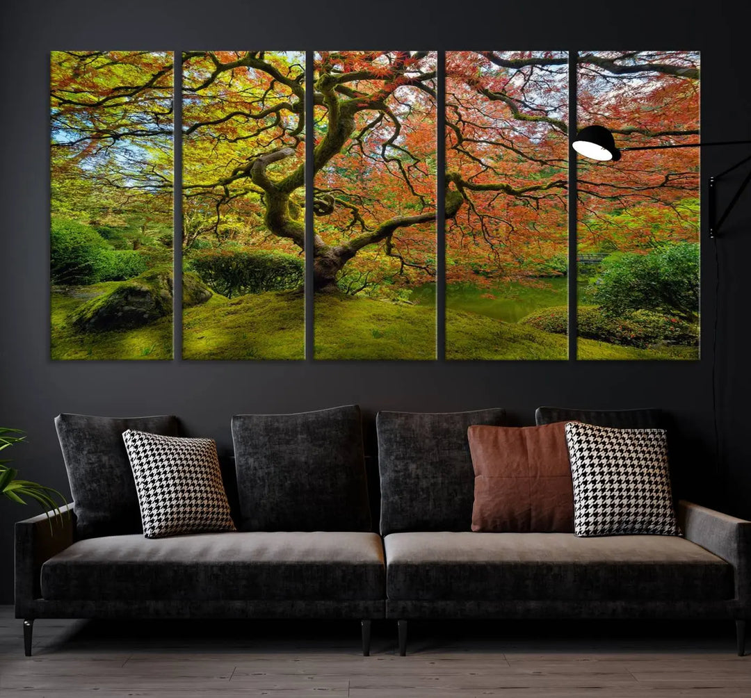 The Forest Wall Art Canvas Print, titled "Wall Art Four Season," is a stunning triptych showcasing colorful trees with red and yellow leaves. This museum-quality polycotton piece features a UV-protective coating to preserve its vibrant colors over time and is ready to hang.