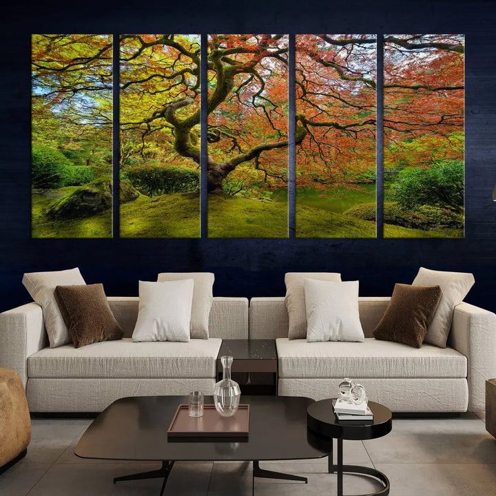 The Forest Wall Art Canvas Print, titled "Wall Art Four Season," is a stunning triptych showcasing colorful trees with red and yellow leaves. This museum-quality polycotton piece features a UV-protective coating to preserve its vibrant colors over time and is ready to hang.