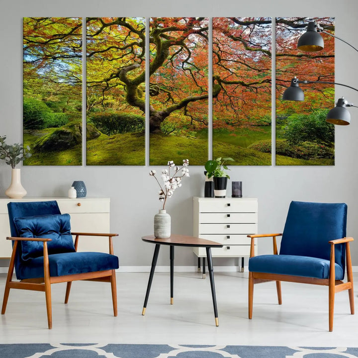 The Forest Wall Art Canvas Print, titled "Wall Art Four Season," is a stunning triptych showcasing colorful trees with red and yellow leaves. This museum-quality polycotton piece features a UV-protective coating to preserve its vibrant colors over time and is ready to hang.