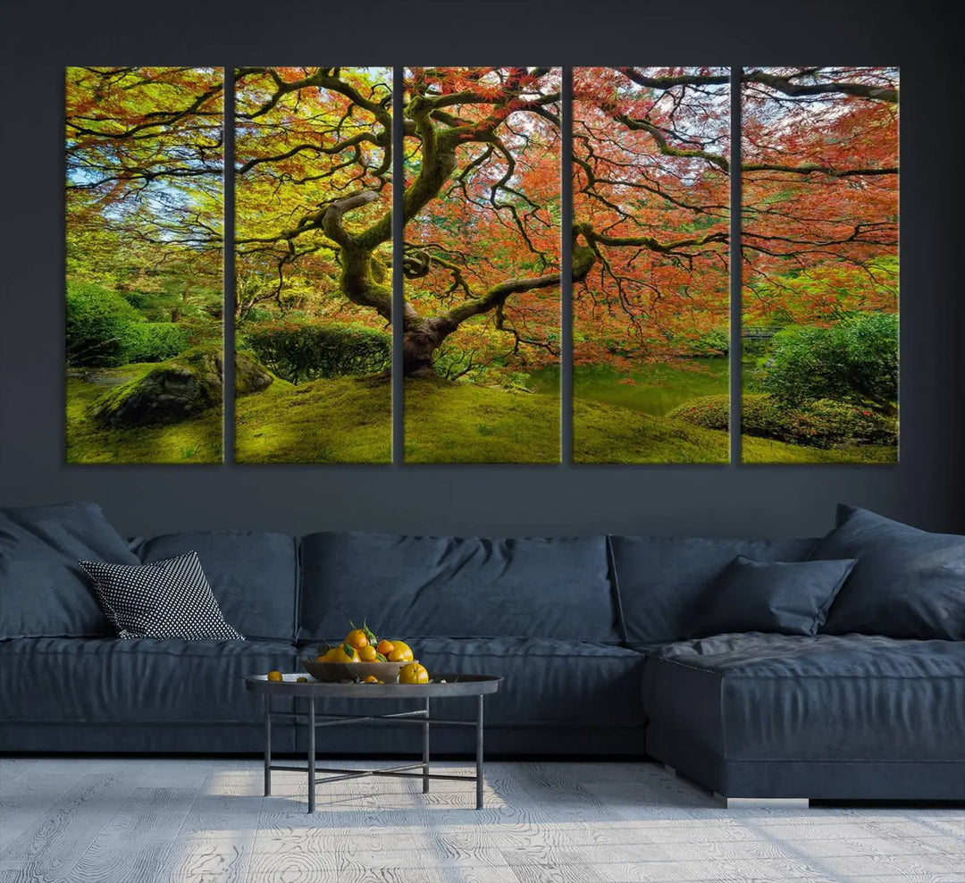 The Forest Wall Art Canvas Print, titled "Wall Art Four Season," is a stunning triptych showcasing colorful trees with red and yellow leaves. This museum-quality polycotton piece features a UV-protective coating to preserve its vibrant colors over time and is ready to hang.