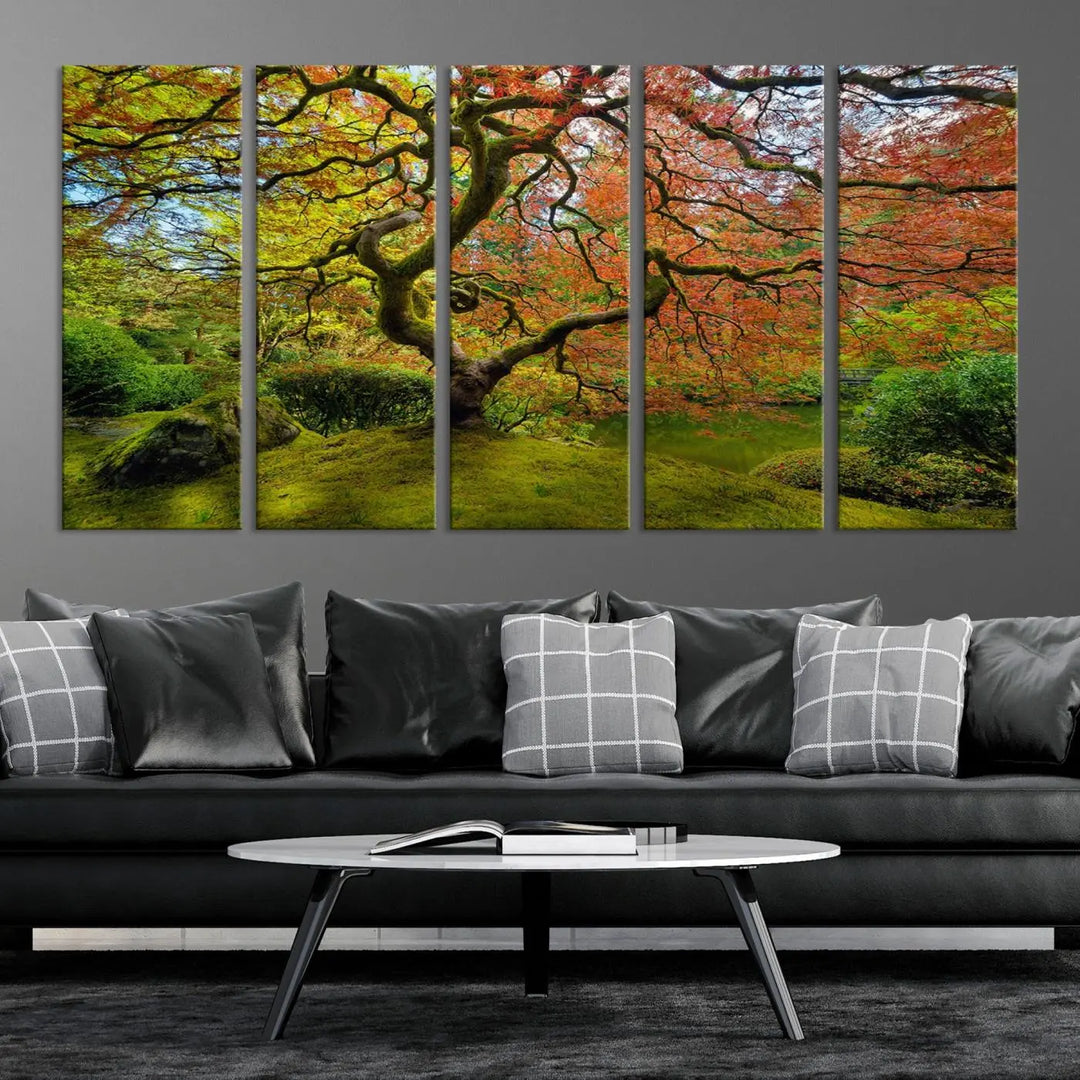 The Forest Wall Art Canvas Print, titled "Wall Art Four Season," is a stunning triptych showcasing colorful trees with red and yellow leaves. This museum-quality polycotton piece features a UV-protective coating to preserve its vibrant colors over time and is ready to hang.