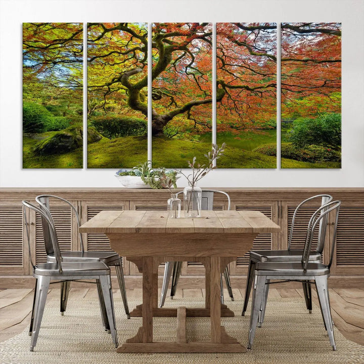 The Forest Wall Art Canvas Print, titled "Wall Art Four Season," is a stunning triptych showcasing colorful trees with red and yellow leaves. This museum-quality polycotton piece features a UV-protective coating to preserve its vibrant colors over time and is ready to hang.