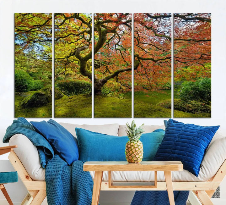 The Forest Wall Art Canvas Print, titled "Wall Art Four Season," is a stunning triptych showcasing colorful trees with red and yellow leaves. This museum-quality polycotton piece features a UV-protective coating to preserve its vibrant colors over time and is ready to hang.