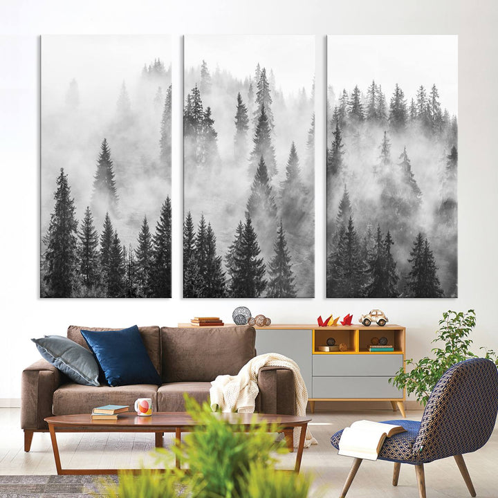 Forest Wall Art Print | Foggy Pine Forest Canvas Wall Art - Black and White Nature Decor for Living Room
