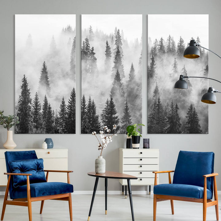 Forest Wall Art Print | Foggy Pine Forest Canvas Wall Art - Black and White Nature Decor for Living Room