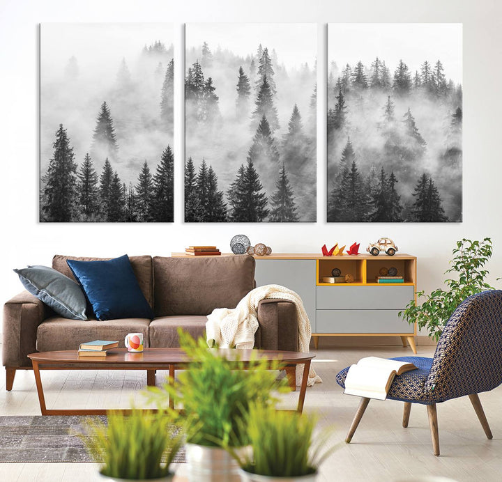 Forest Wall Art Print | Foggy Pine Forest Canvas Wall Art - Black and White Nature Decor for Living Room
