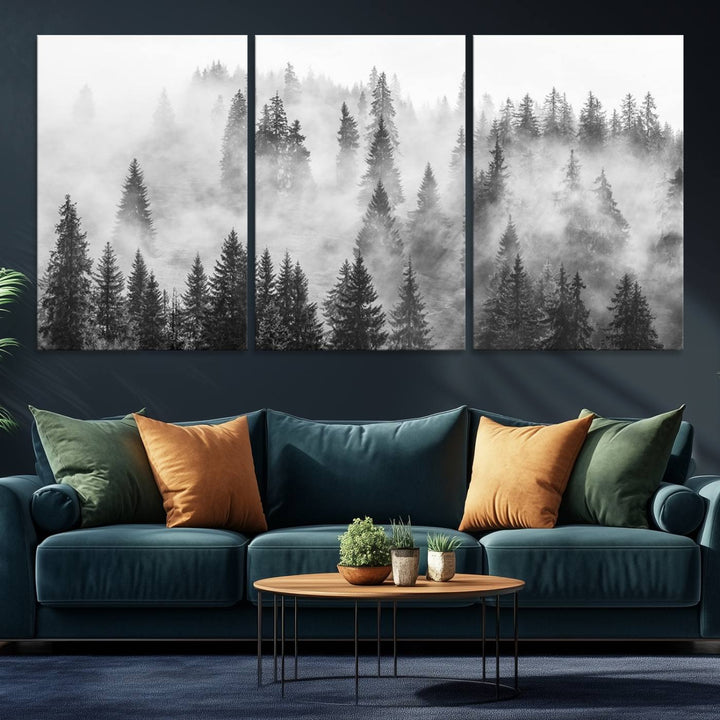 Forest Wall Art Print | Foggy Pine Forest Canvas Wall Art - Black and White Nature Decor for Living Room