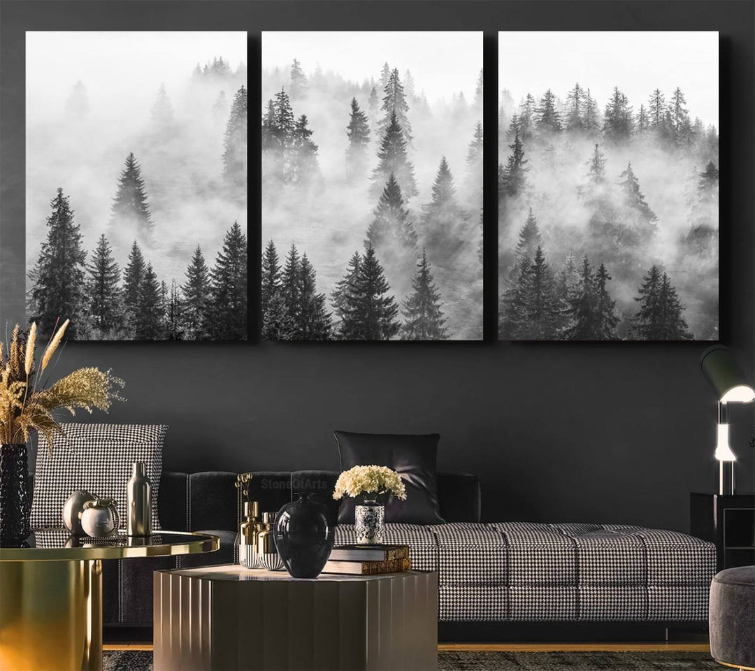 Forest Wall Art Print | Foggy Pine Forest Canvas Wall Art - Black and White Nature Decor for Living Room