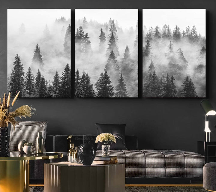 Forest Wall Art Print | Foggy Pine Forest Canvas Wall Art - Black and White Nature Decor for Living Room