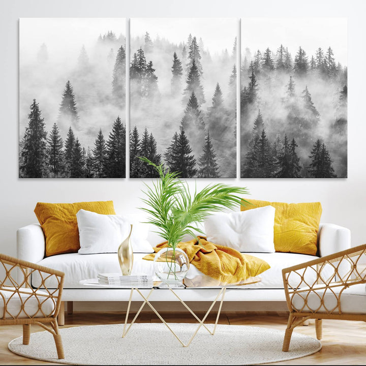 Forest Wall Art Print | Foggy Pine Forest Canvas Wall Art - Black and White Nature Decor for Living Room