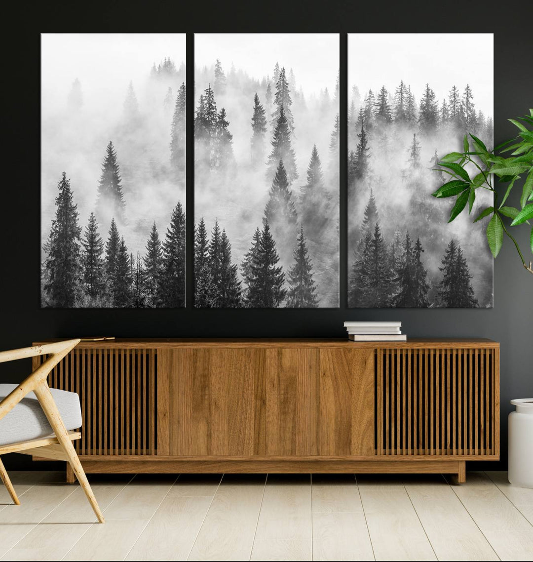 Forest Wall Art Print | Foggy Pine Forest Canvas Wall Art - Black and White Nature Decor for Living Room