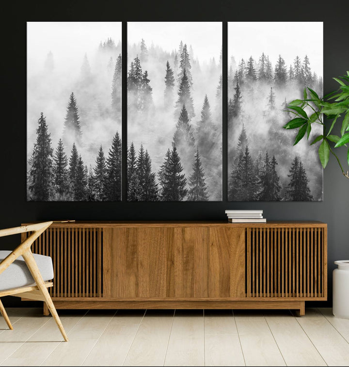 Forest Wall Art Print | Foggy Pine Forest Canvas Wall Art - Black and White Nature Decor for Living Room