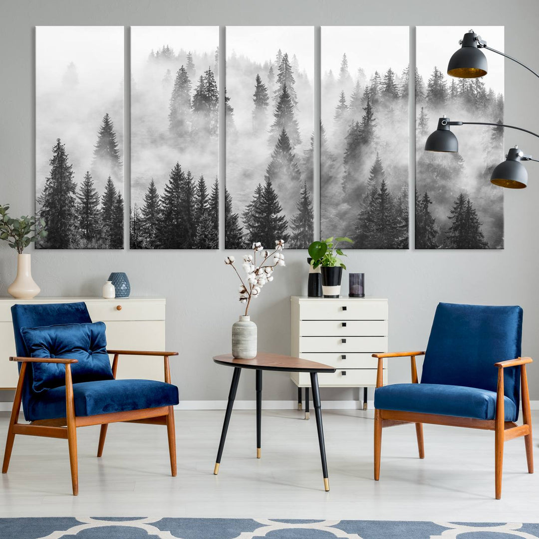 Forest Wall Art Print | Foggy Pine Forest Canvas Wall Art - Black and White Nature Decor for Living Room