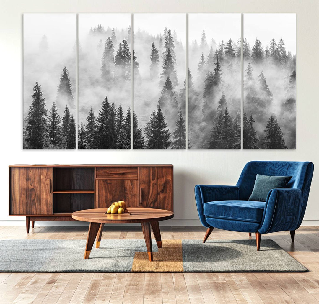 Forest Wall Art Print | Foggy Pine Forest Canvas Wall Art - Black and White Nature Decor for Living Room