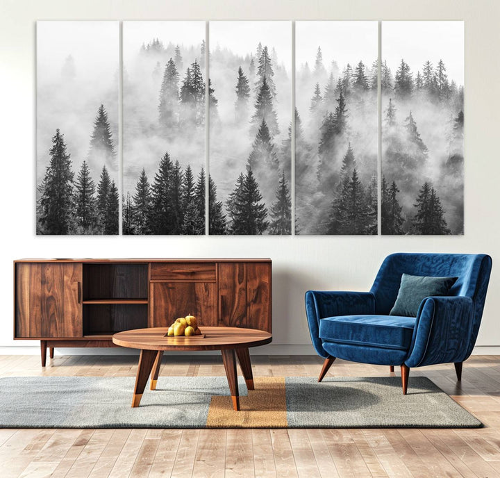 Forest Wall Art Print | Foggy Pine Forest Canvas Wall Art - Black and White Nature Decor for Living Room