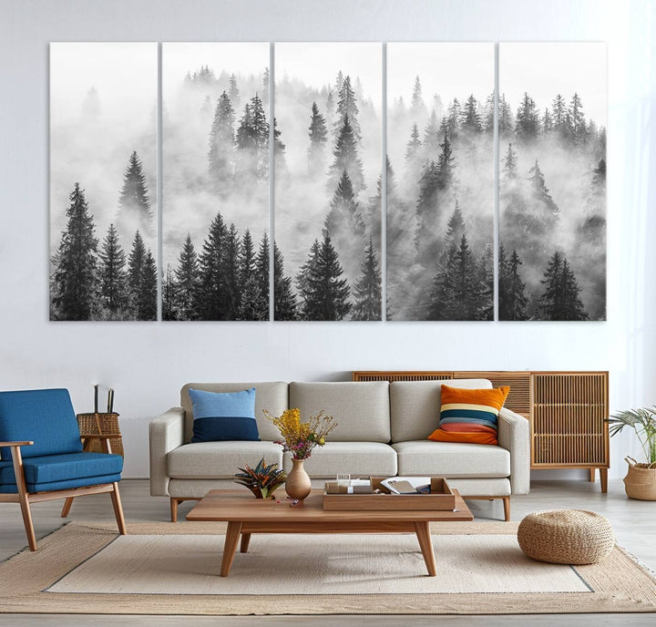Forest Wall Art Print | Foggy Pine Forest Canvas Wall Art - Black and White Nature Decor for Living Room