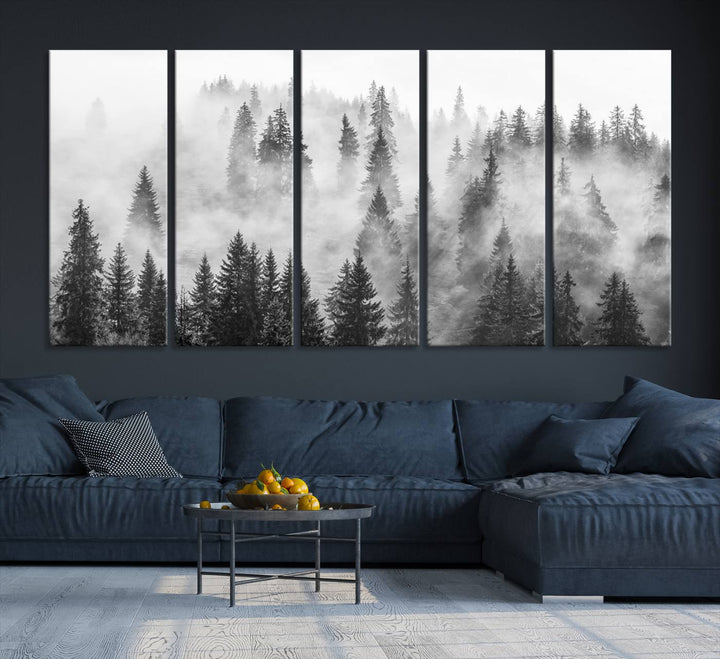 Forest Wall Art Print | Foggy Pine Forest Canvas Wall Art - Black and White Nature Decor for Living Room