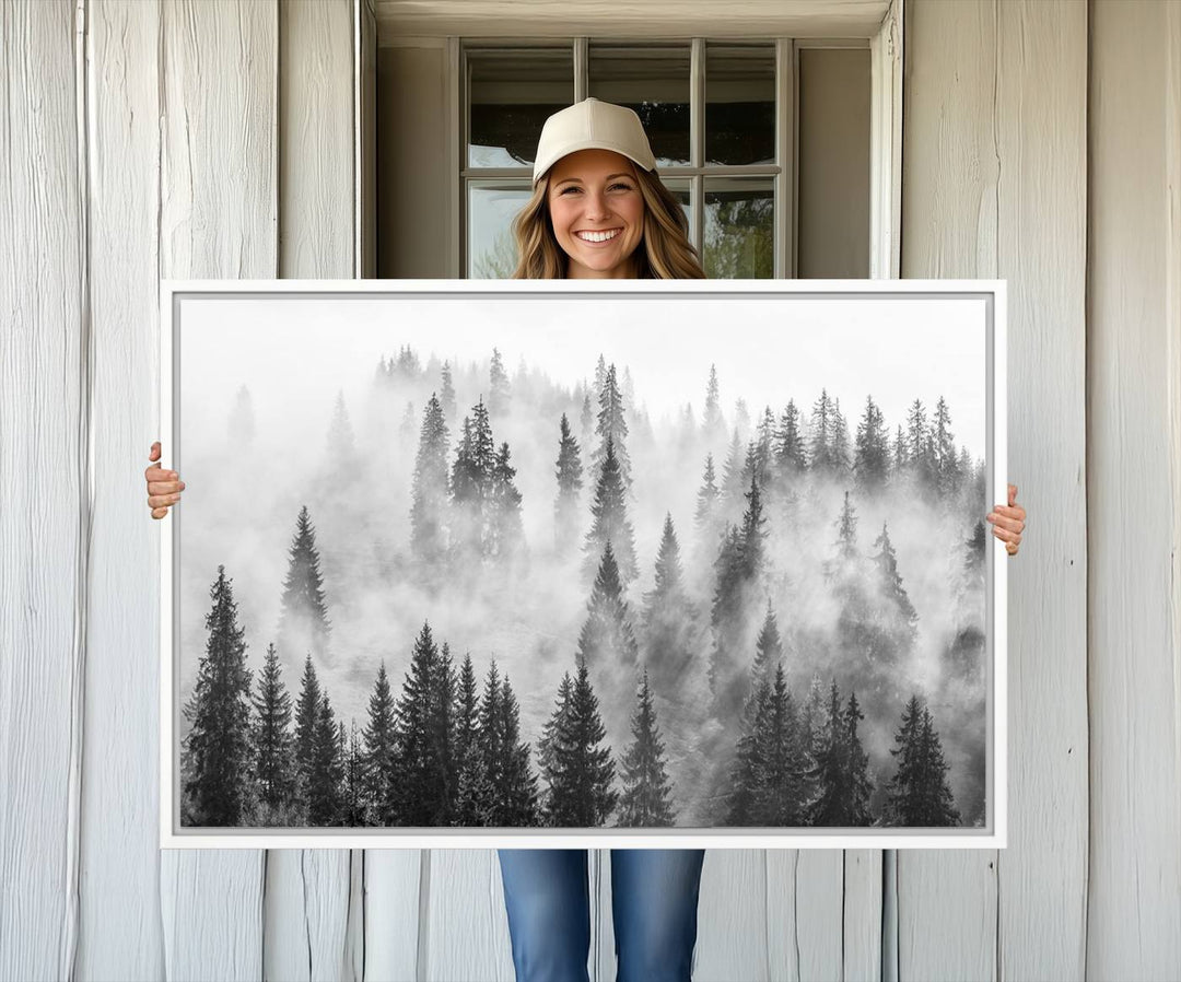 10422-MGV-CV-36X24-Forest Wall Art Print | Foggy Pine Forest Canvas Wall Art - Black and White Nature Decor for Living Room