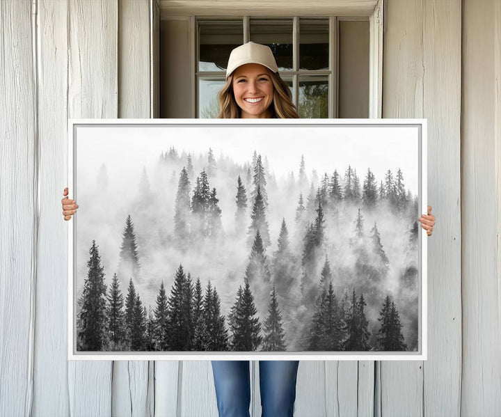 10422-MGV-CV-36X24-Forest Wall Art Print | Foggy Pine Forest Canvas Wall Art - Black and White Nature Decor for Living Room