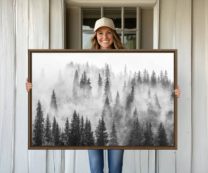 Forest Wall Art Print | Foggy Pine Forest Canvas Wall Art - Black and White Nature Decor for Living Room