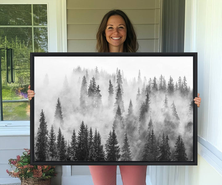 10422-MGV-CV-36X24-Forest Wall Art Print | Foggy Pine Forest Canvas Wall Art - Black and White Nature Decor for Living Room