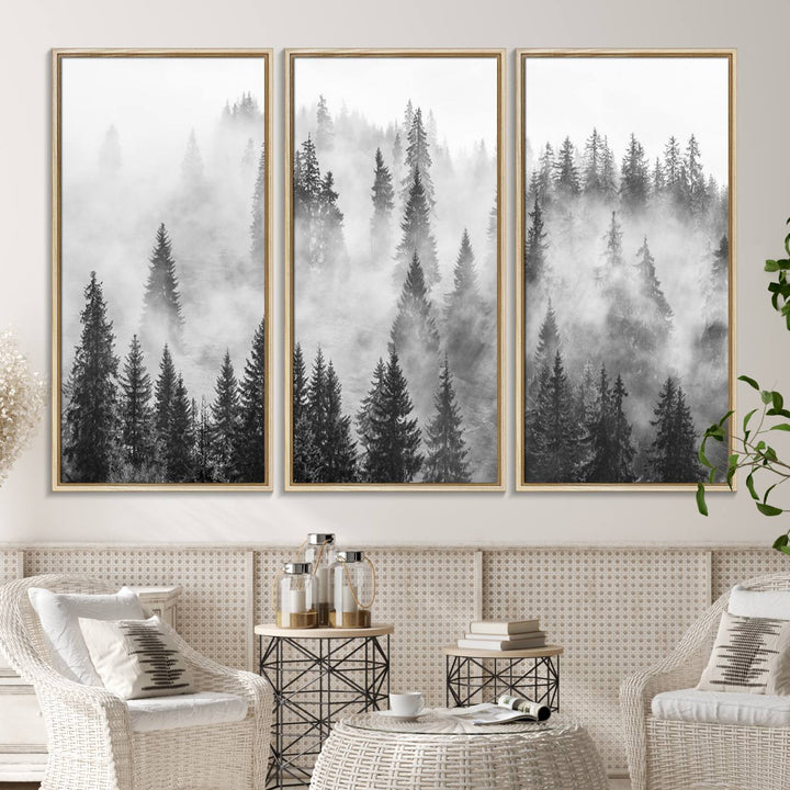 10422-MGV-CV-36X24-Forest Wall Art Print | Foggy Pine Forest Canvas Wall Art - Black and White Nature Decor for Living Room