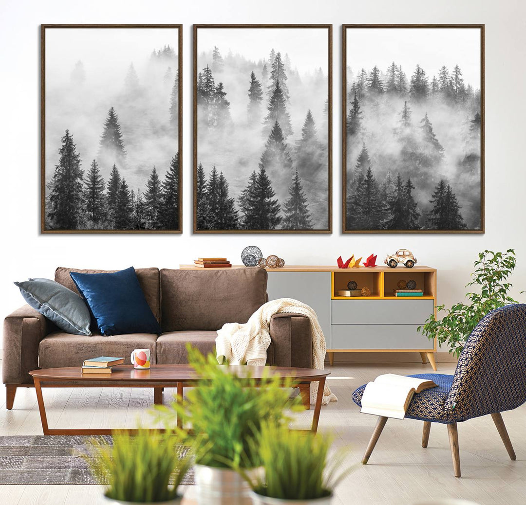 10422-MGV-CV-36X24-Forest Wall Art Print | Foggy Pine Forest Canvas Wall Art - Black and White Nature Decor for Living Room
