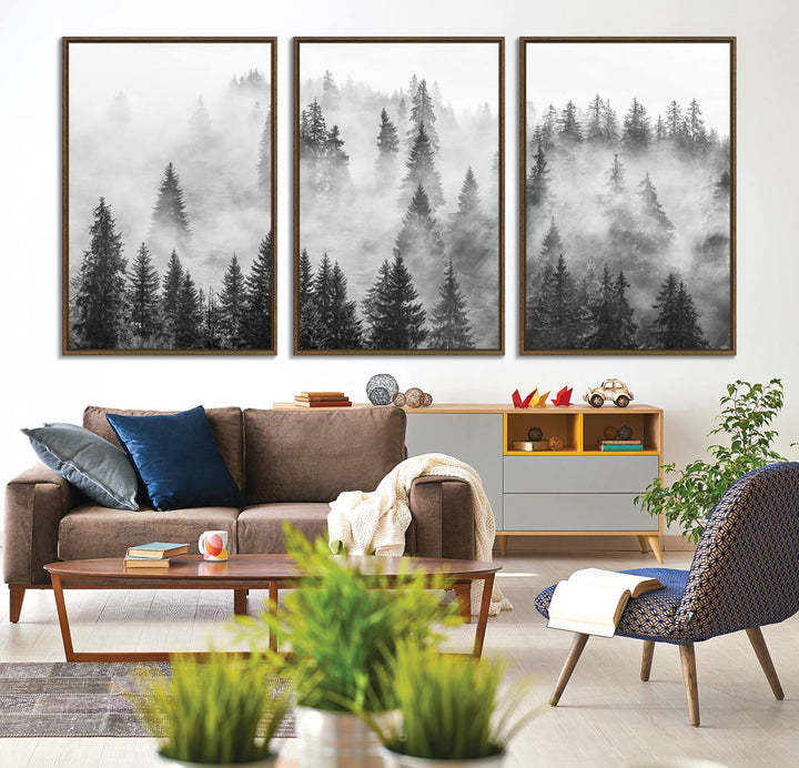 10422-MGV-CV-36X24-Forest Wall Art Print | Foggy Pine Forest Canvas Wall Art - Black and White Nature Decor for Living Room